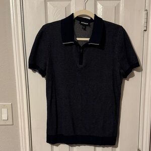 Express Men's Navy Zip-Front Polo with Contrast Trim